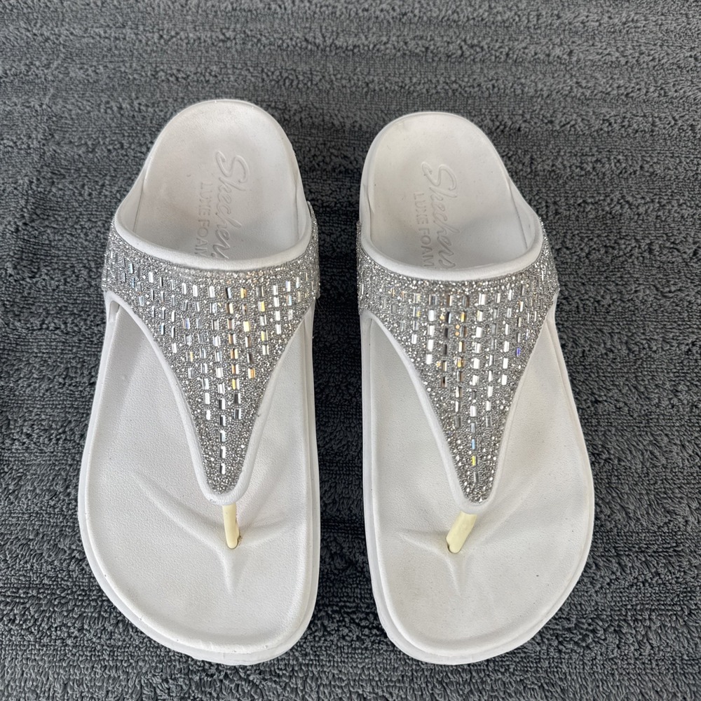 Skechers Luxe Foam Flip Flops White Silver Beaded Platform Sandals 8 - Picture 3 of 8